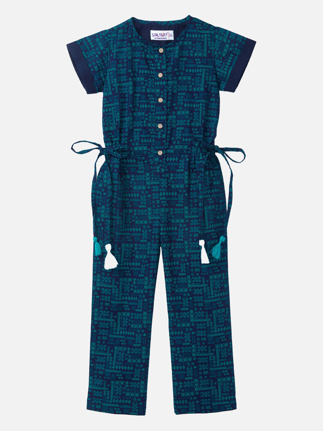 

SOULFAIRY Girls Navy Blue & Green Geometric Printed Basic Jumpsuit