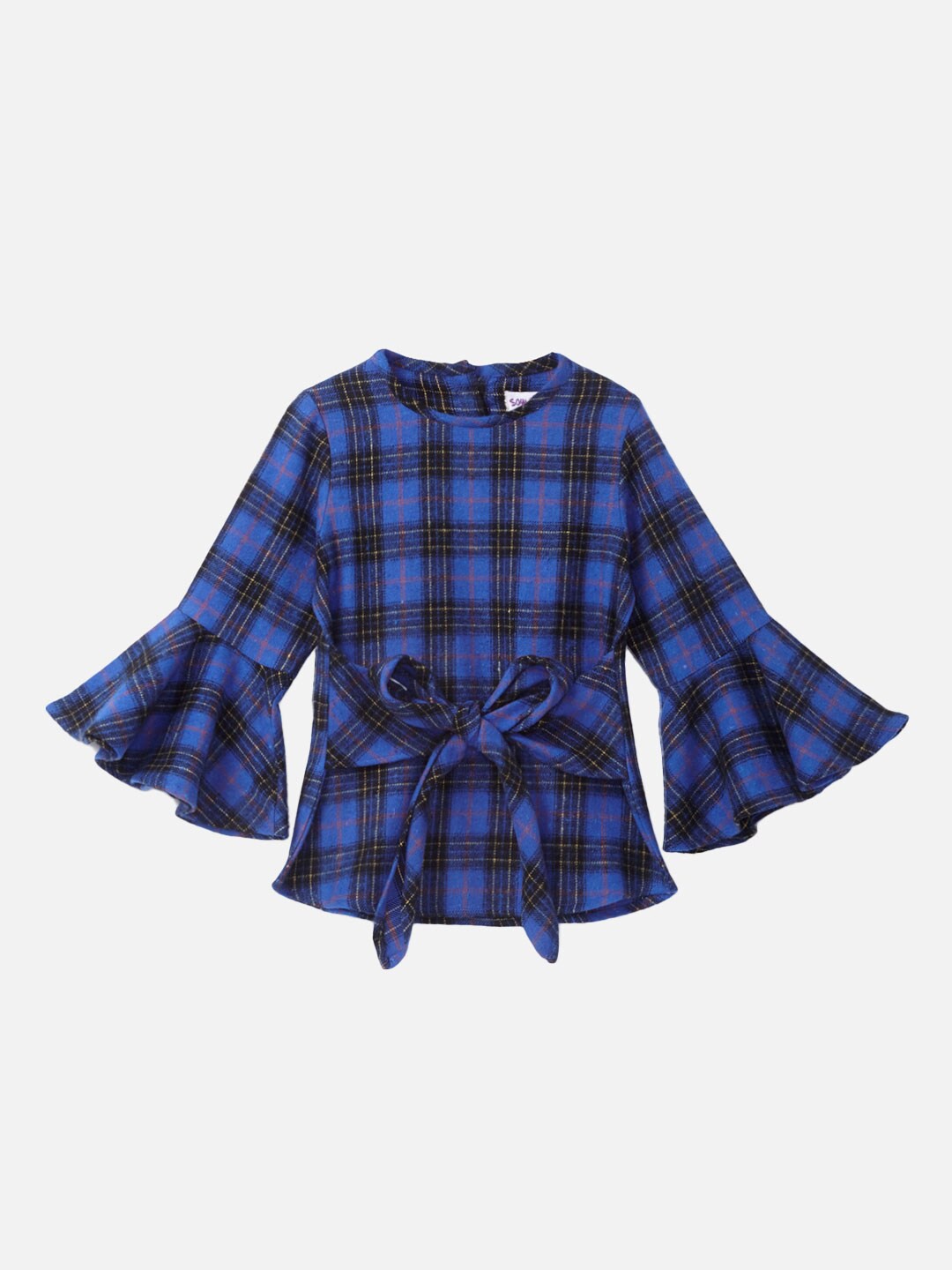 

SOULFAIRY Kids-Girls Blue Checked tie up Waist Pure Cotton Top