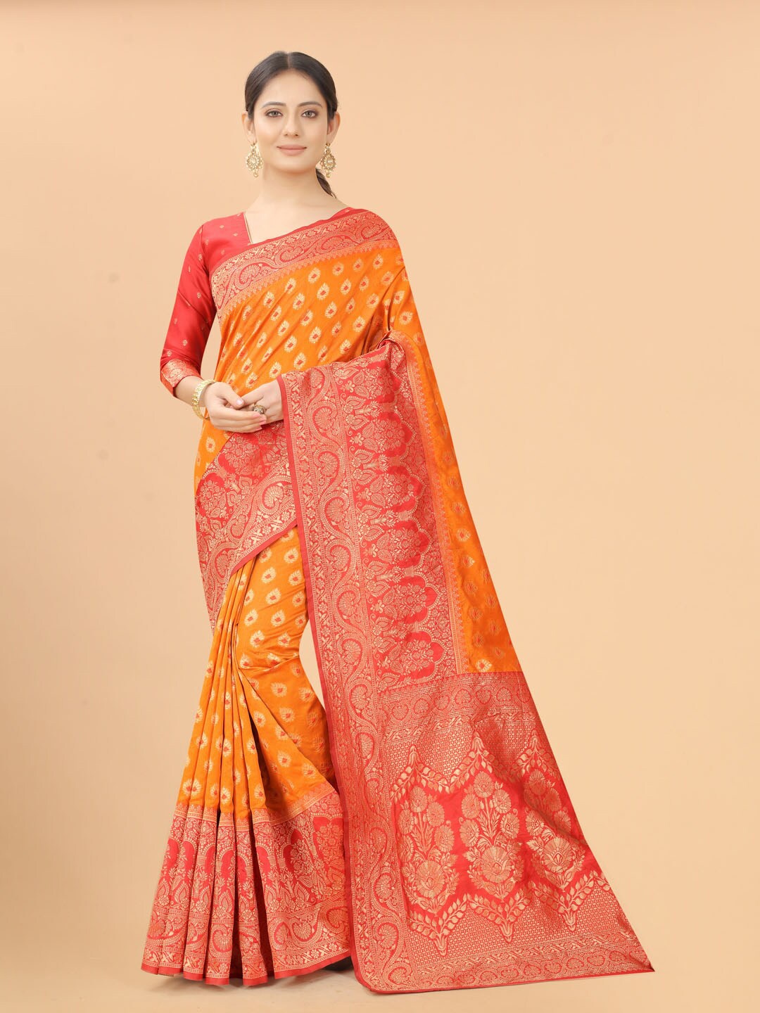 

WELL WORN Orange & Yellow Woven Design Zari Silk Cotton Banarasi Saree
