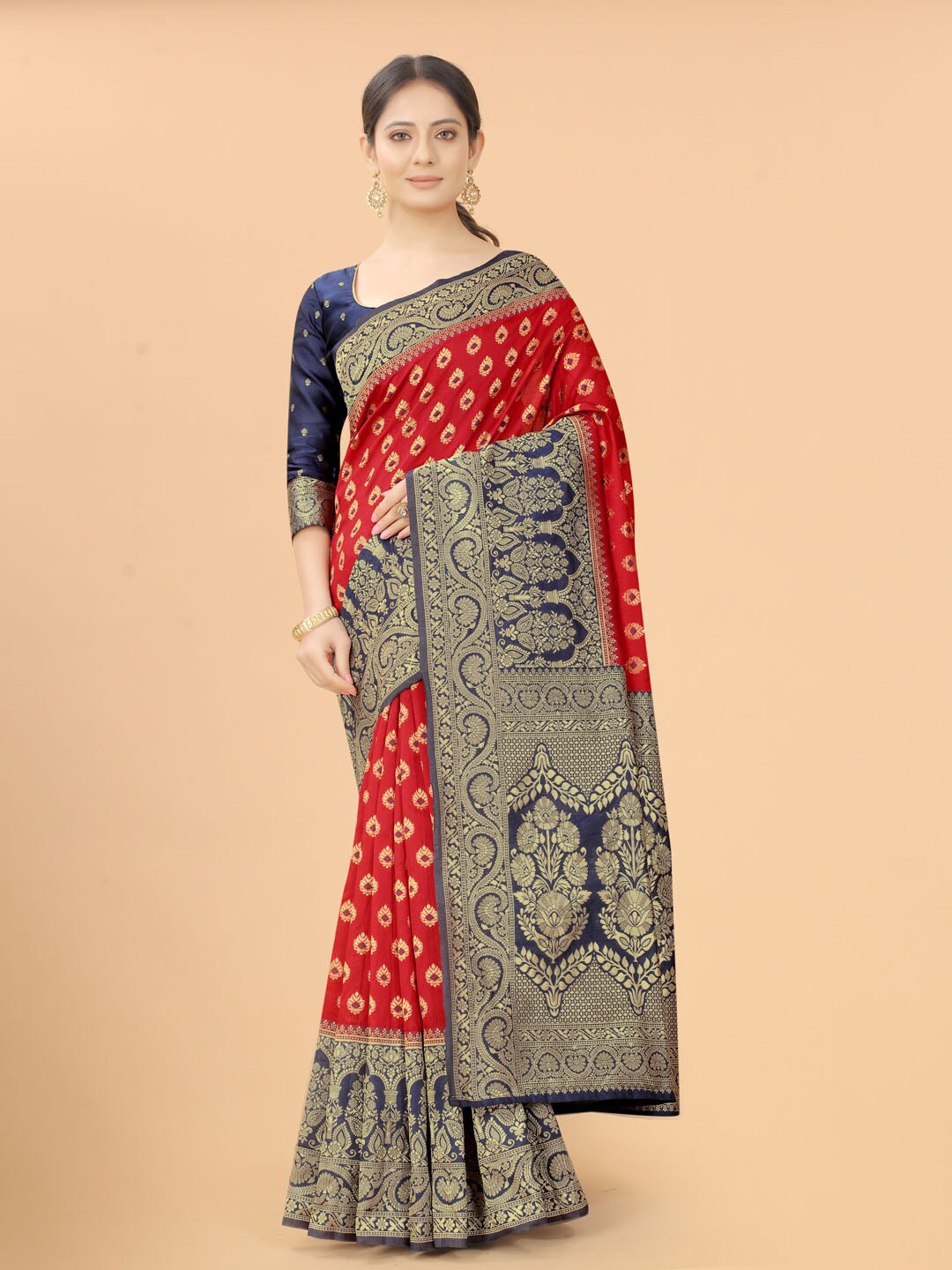 

WELL WORN Red & Blue Woven Design Zari Silk Cotton Banarasi Saree