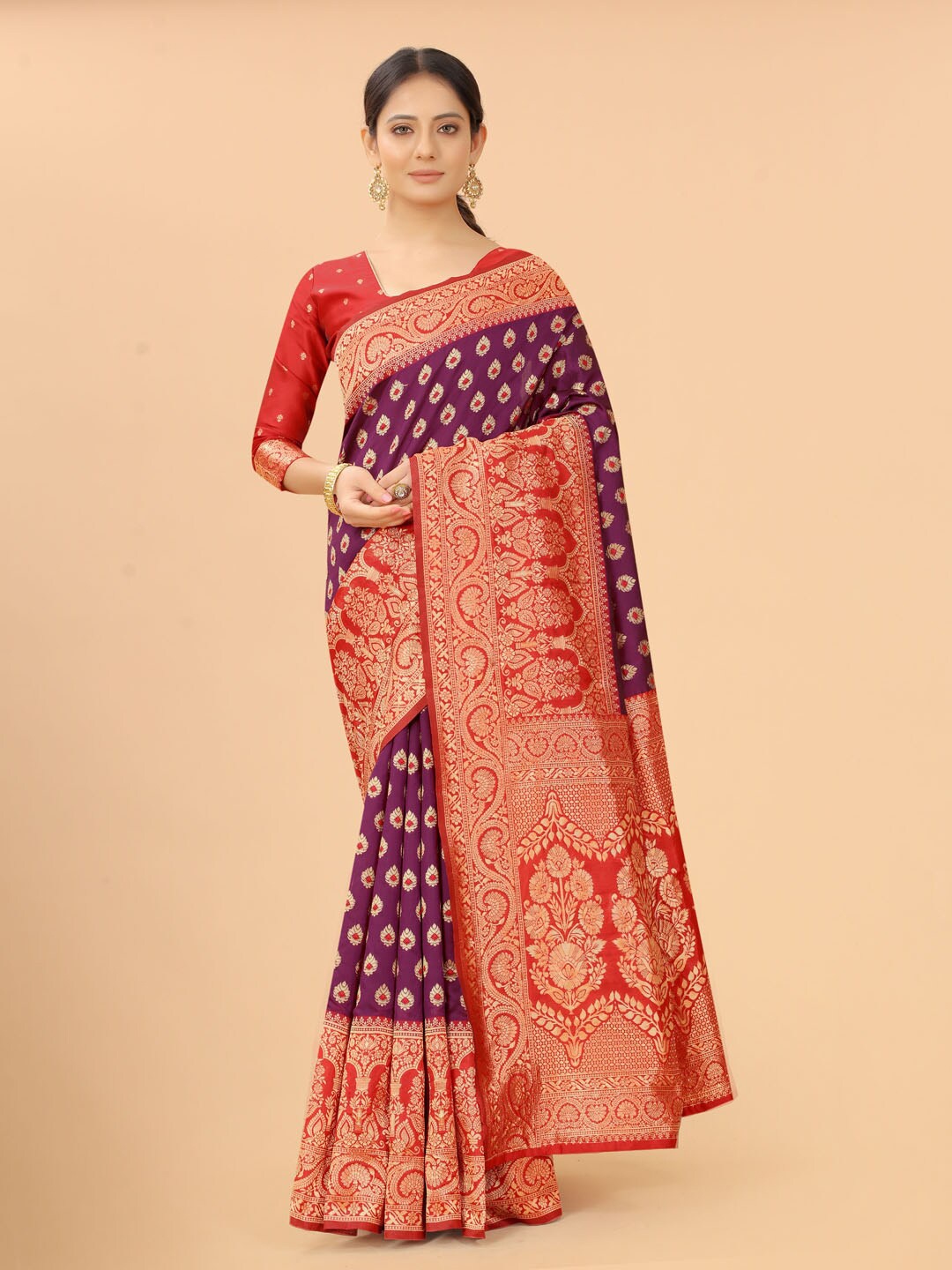 

WELL WORN Burgundy & Red Woven Design Zari Silk Cotton Banarasi Saree