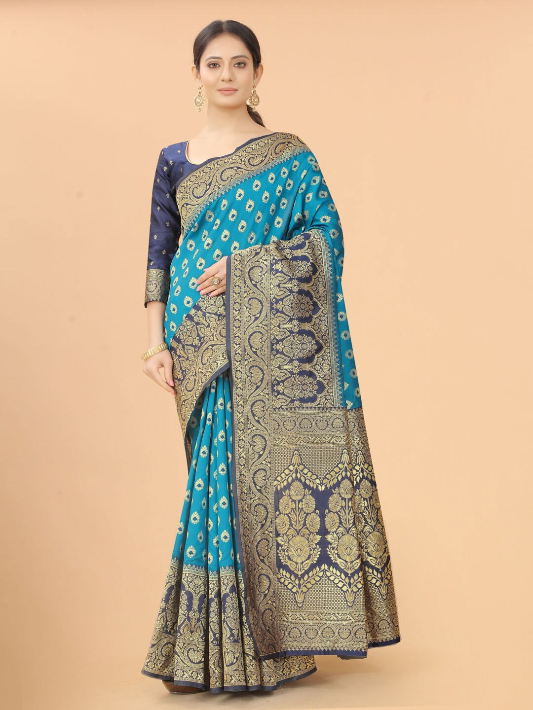 

WELL WORN Turquoise Blue & Navy Blue Woven Design Zari Silk Cotton Banarasi Saree