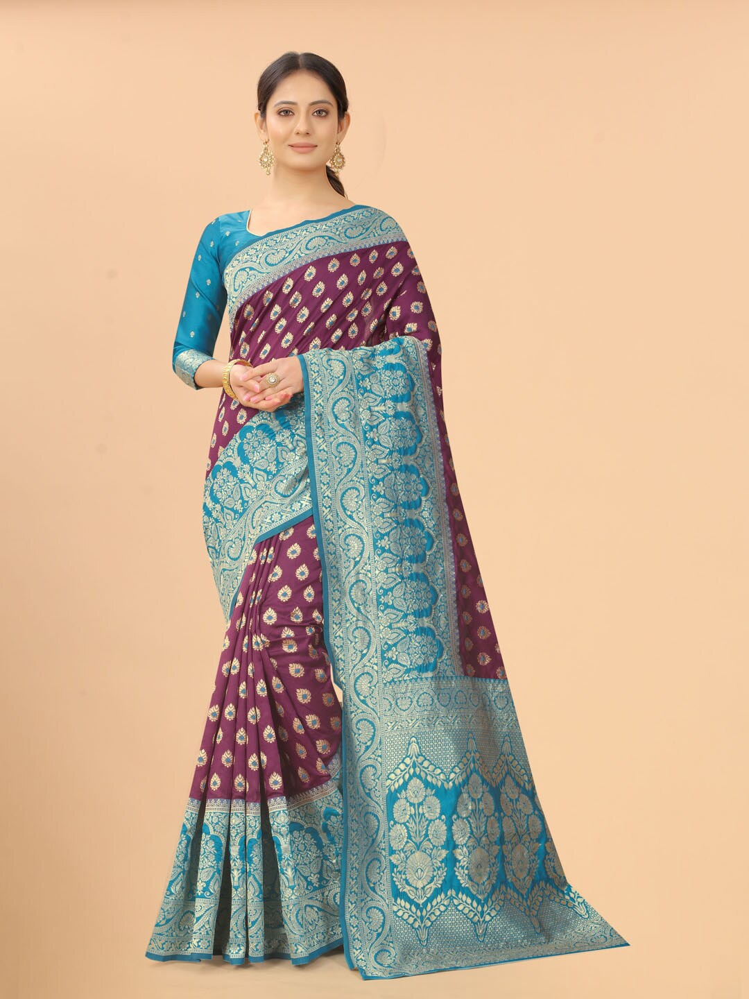 

WELL WORN Purple & Blue Woven Design Zari Silk Cotton Banarasi Saree