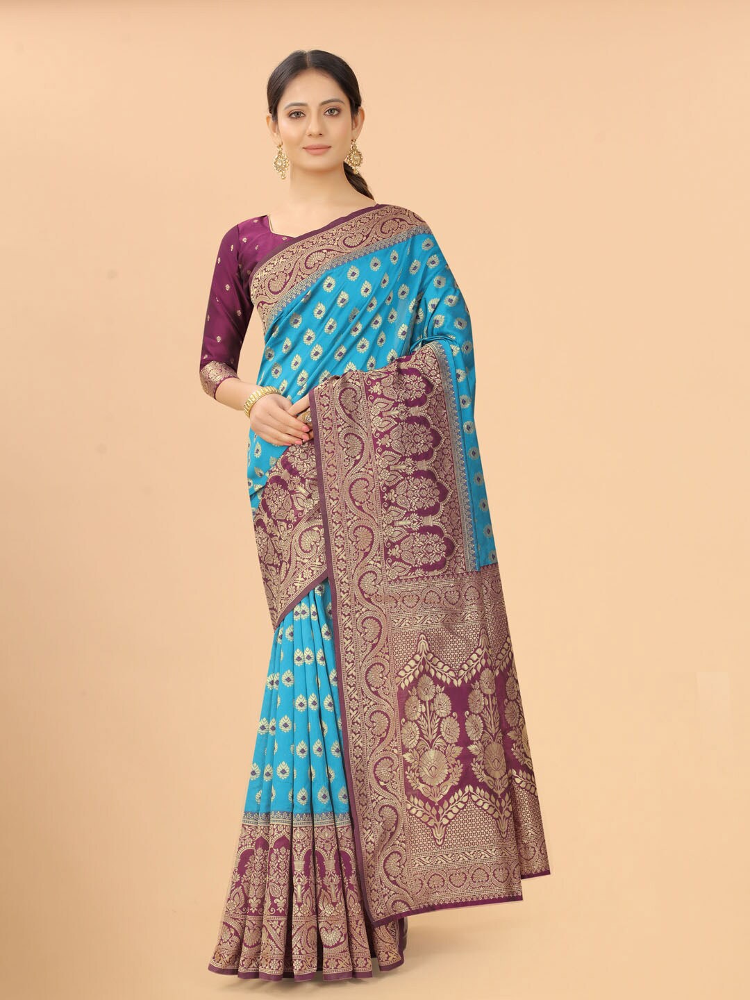 

WELL WORN Turquoise Blue & Purple Woven Design Zari Silk Cotton Banarasi Saree
