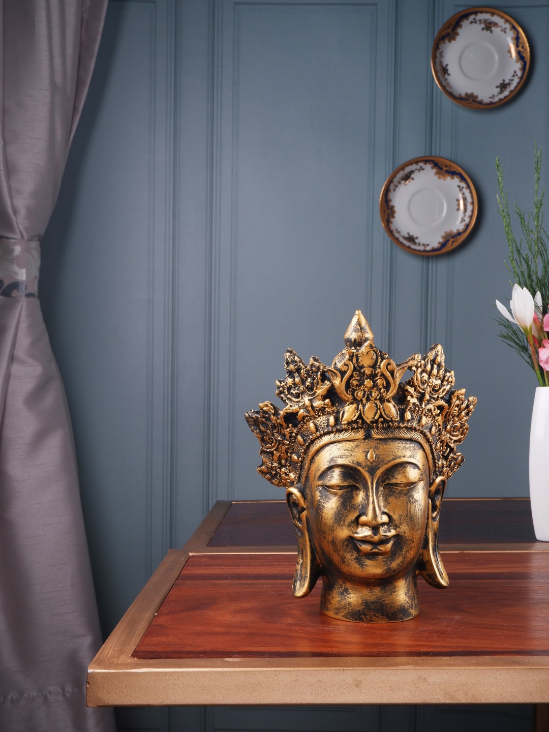 

THE WHITE INK DECOR Gold-Toned Crowned Buddha Head Figurine