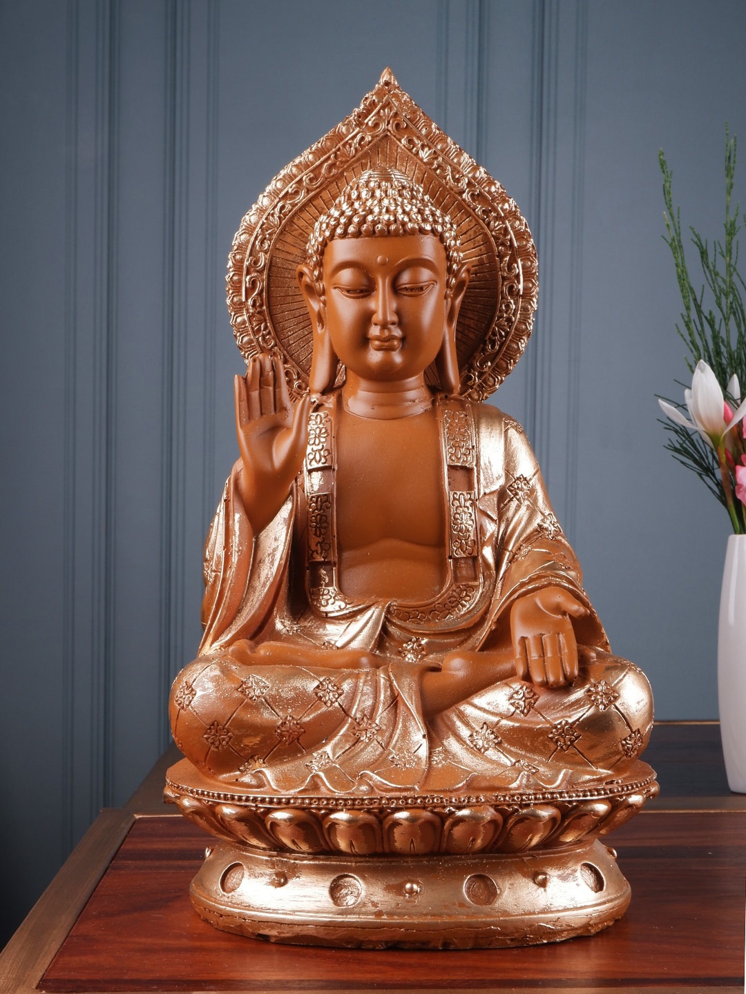 

THE WHITE INK DECOR Brown & Gold-Colored Buddha In Varada Mudra Figurine Showpiece