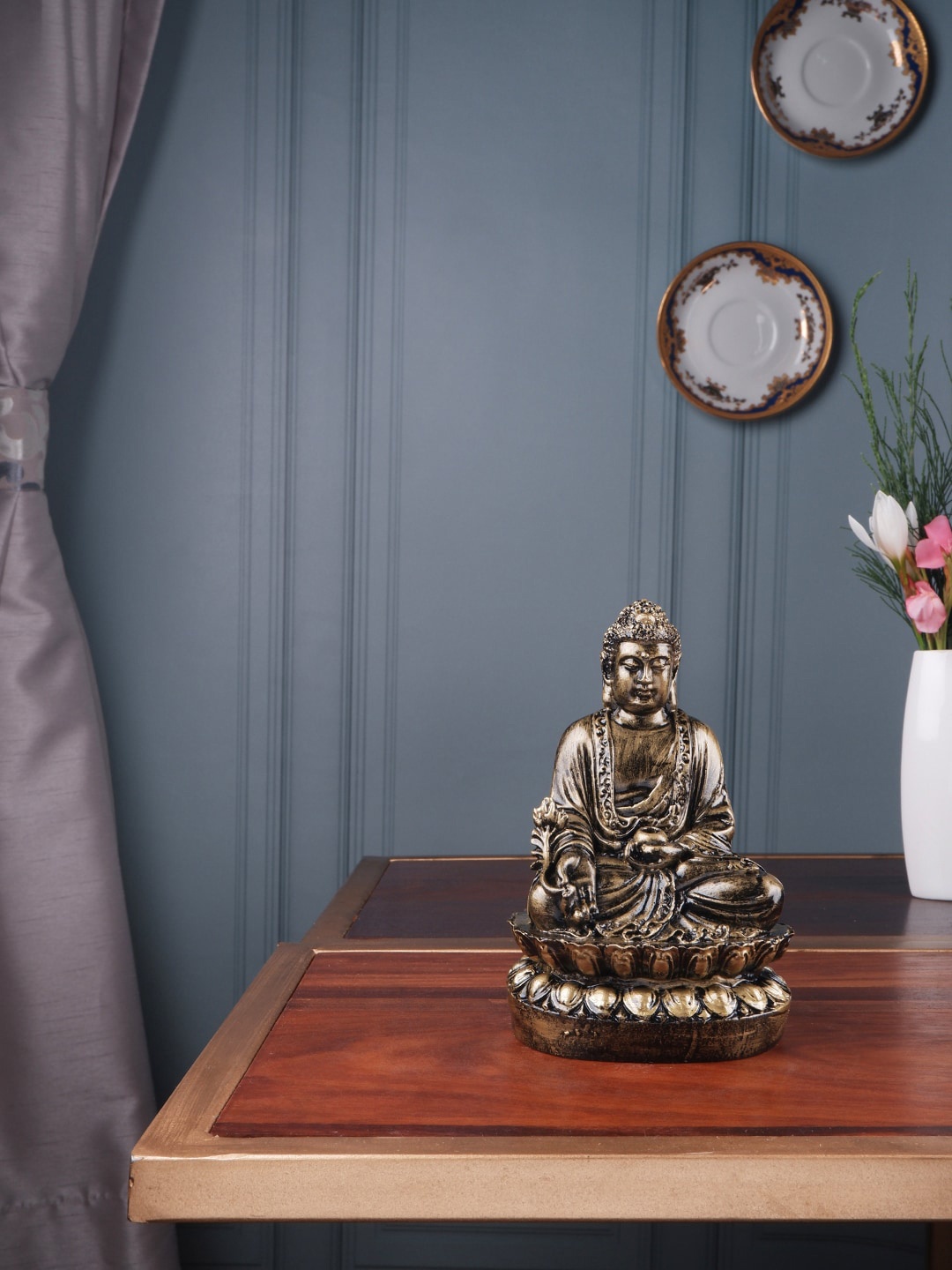 

THE WHITE INK DECOR Gold-Toned Solid Buddha In Varada Mudra On Lotus Showpiece