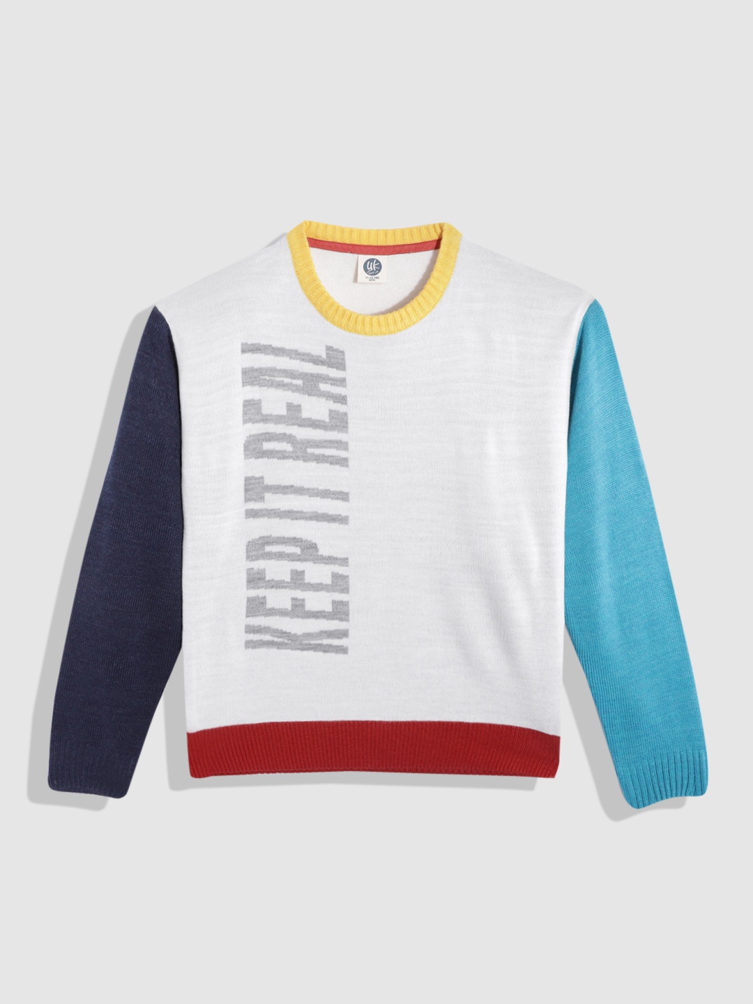 

YK Boys White Colourblocked Typography Jacquard Pullover