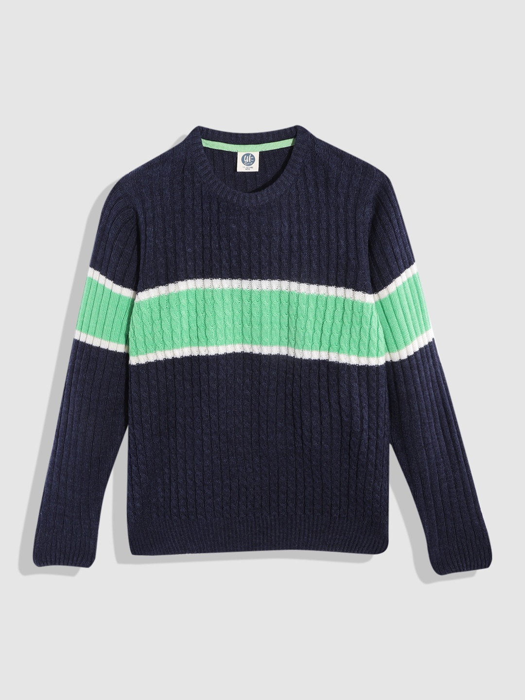 

YK Boys Navy Blue & Green Cable Knit Striped Pullover