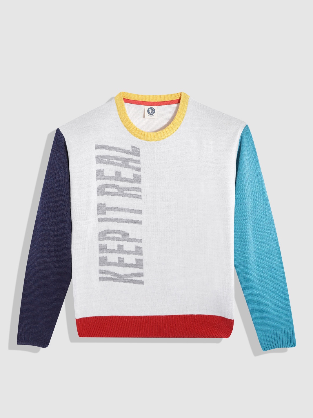 

YK Boys White Colourblocked Typography Jacquard Pullover