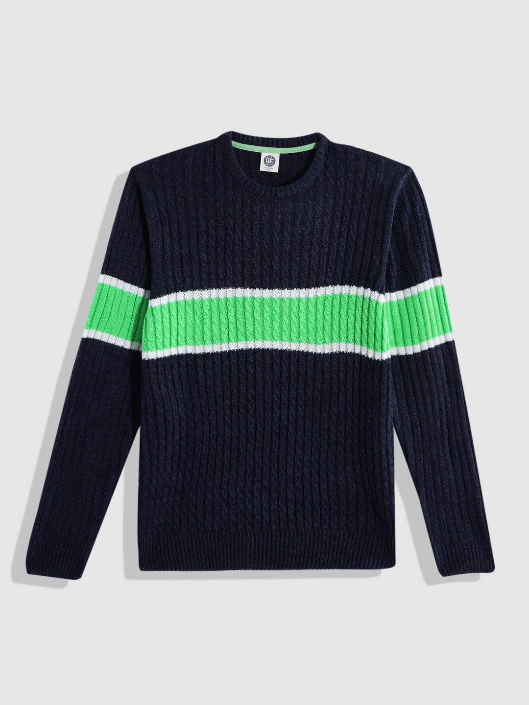 

YK Boys Navy Blue & Green Cable Knit Striped Pullover