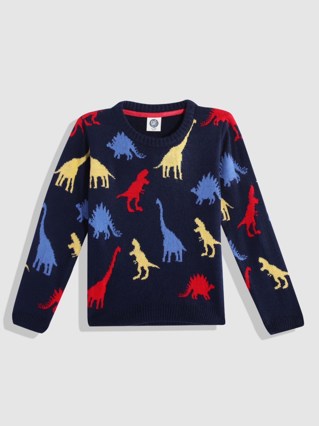 

YK Boys Navy Blue, Yellow & Red Dinosaurs Jacquard Pullover