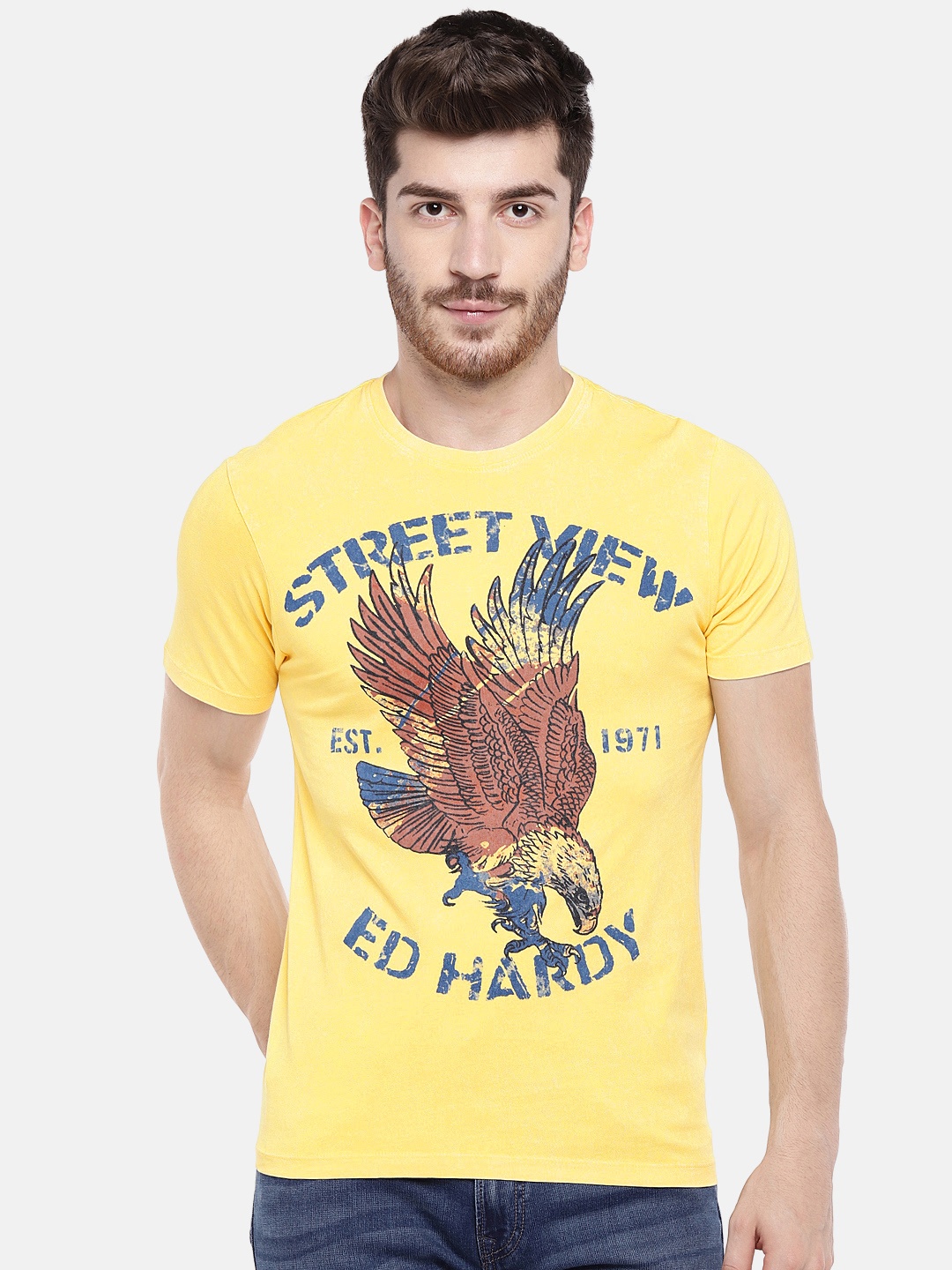 

Ed Hardy Men Yellow Printed Round Neck Pure Cotton T-shirt