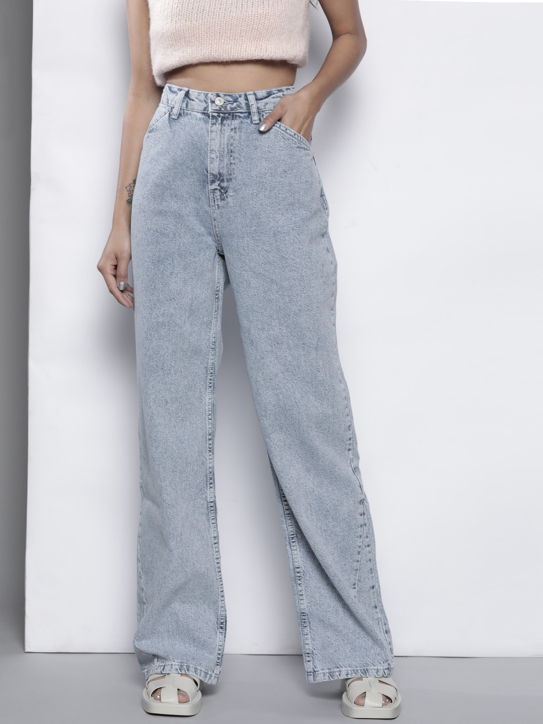 

Trendyol Women Blue Pure Cotton High-Rise Flared Jeans
