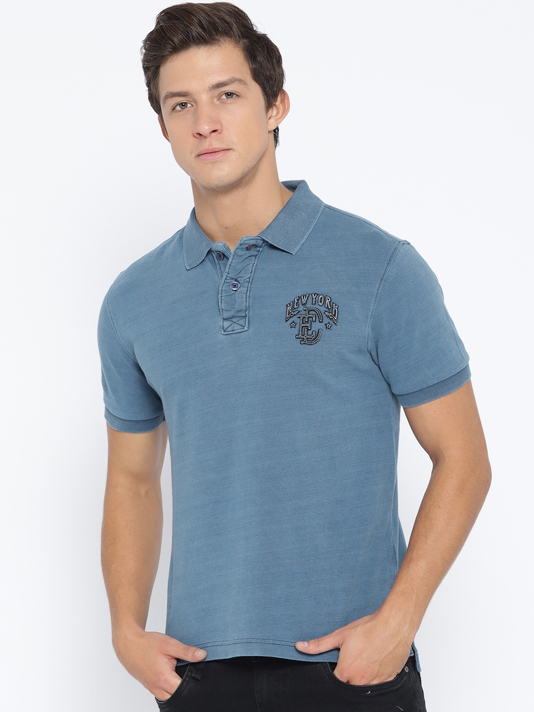 

Ed Hardy Men Blue Solid Polo Collar T-shirt