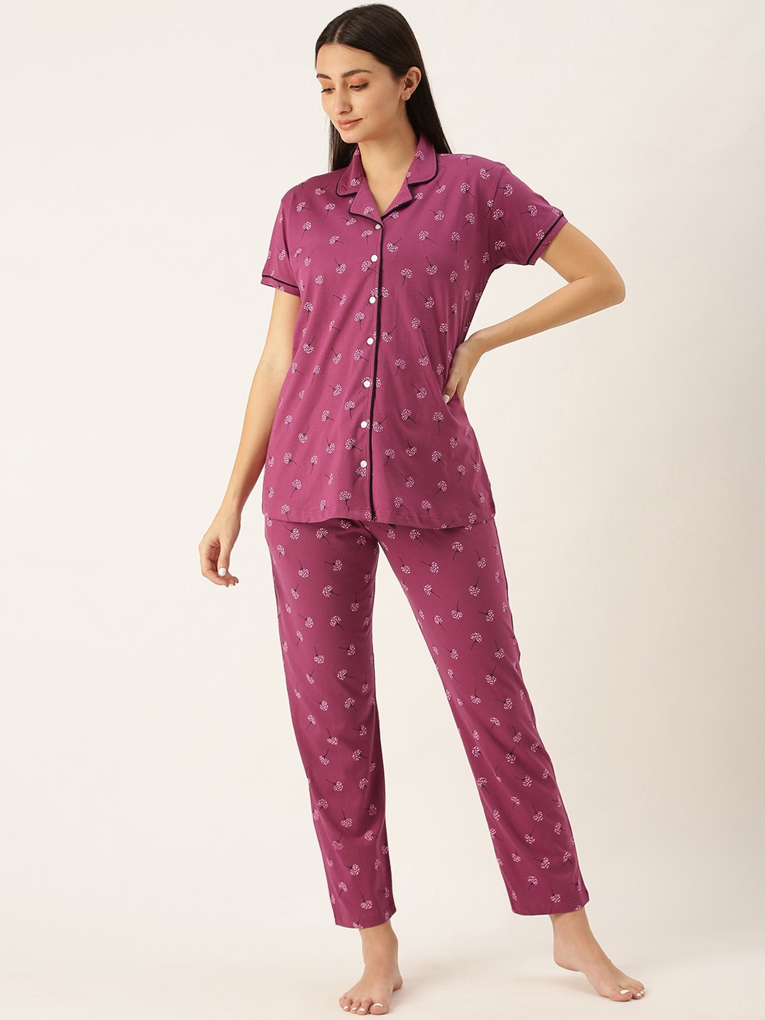 

beebelle Women Burgundy & White Printed Pure Cotton Night suit