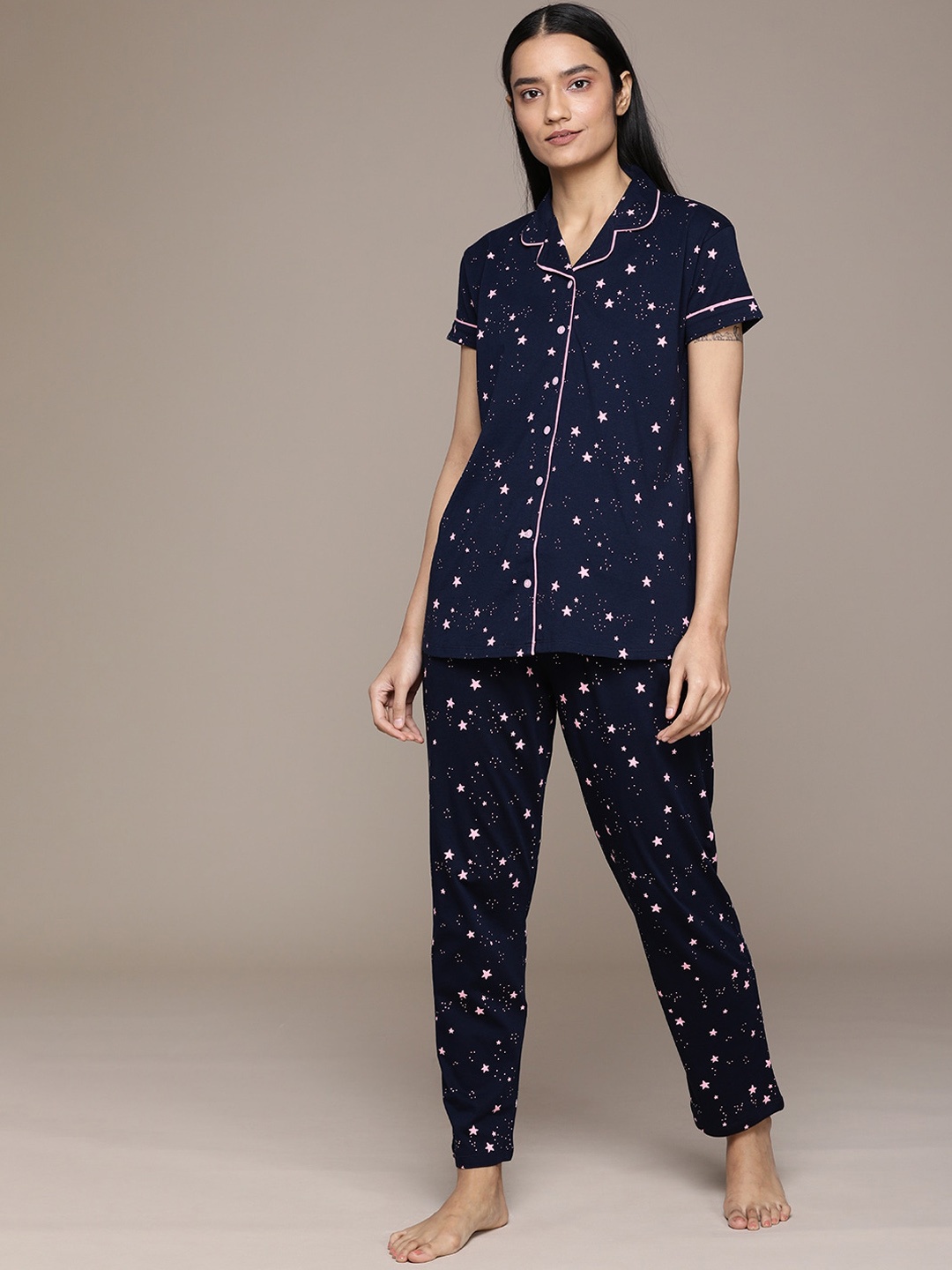

beebelle Women Navy Blue & Pink Printed Night suit