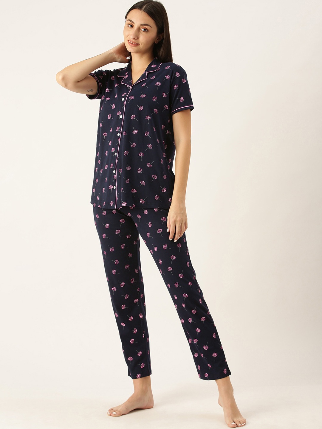 

beebelle Women Navy Blue & Pink Printed Night suit