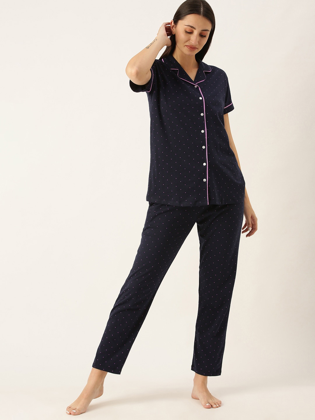 

beebelle Women Navy Blue & Pink Printed Night suit