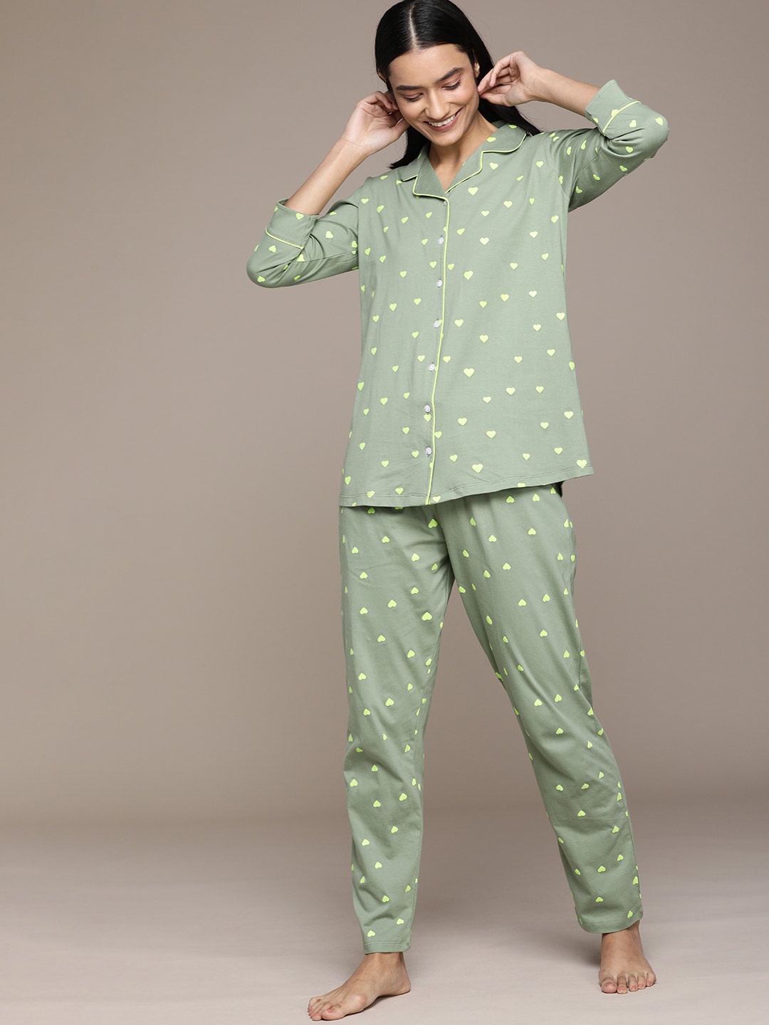 

beebelle Women Olive Green & White Printed Night suit