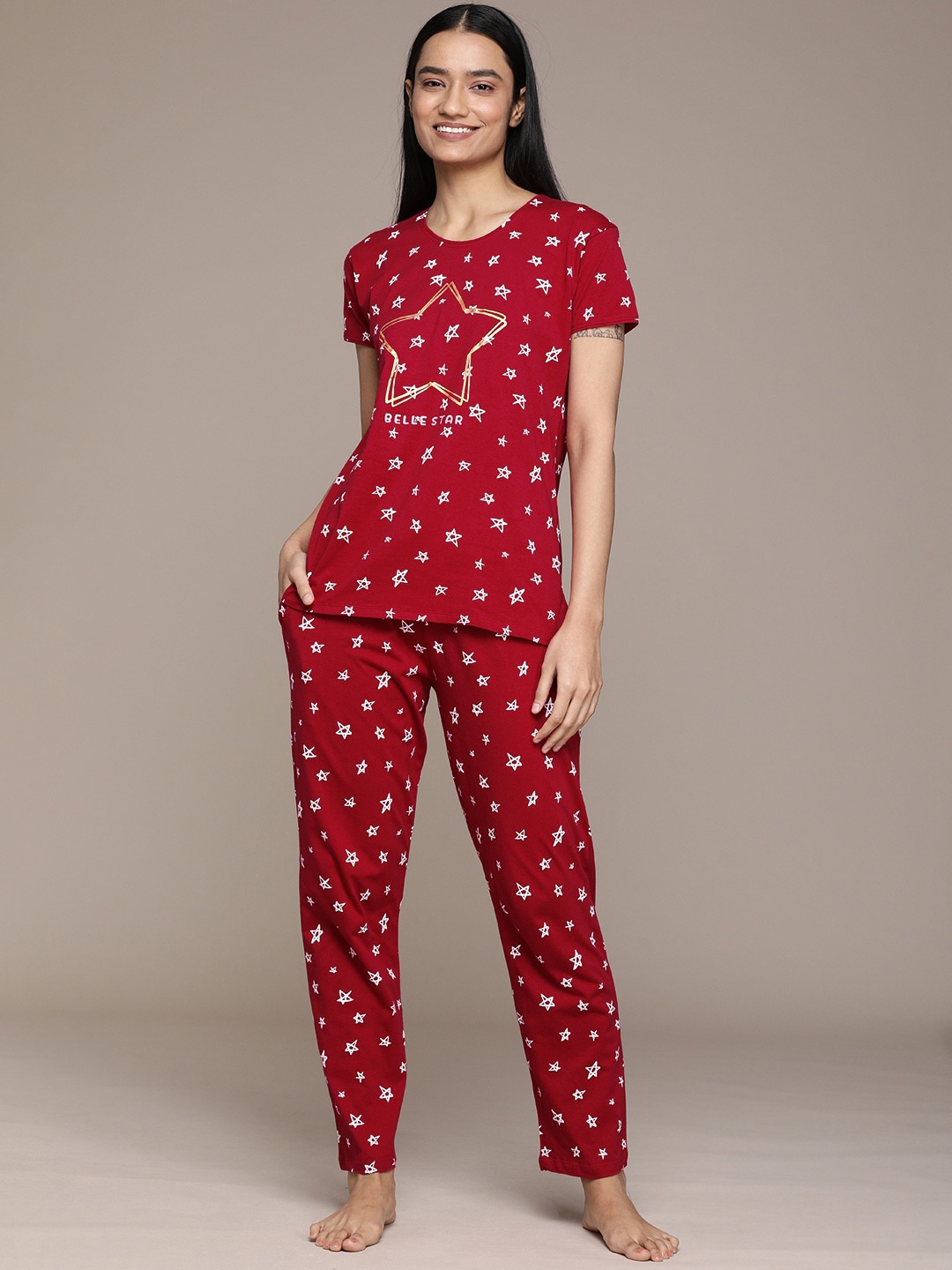 

beebelle Women Maroon & White Printed Pure Cotton Night suit