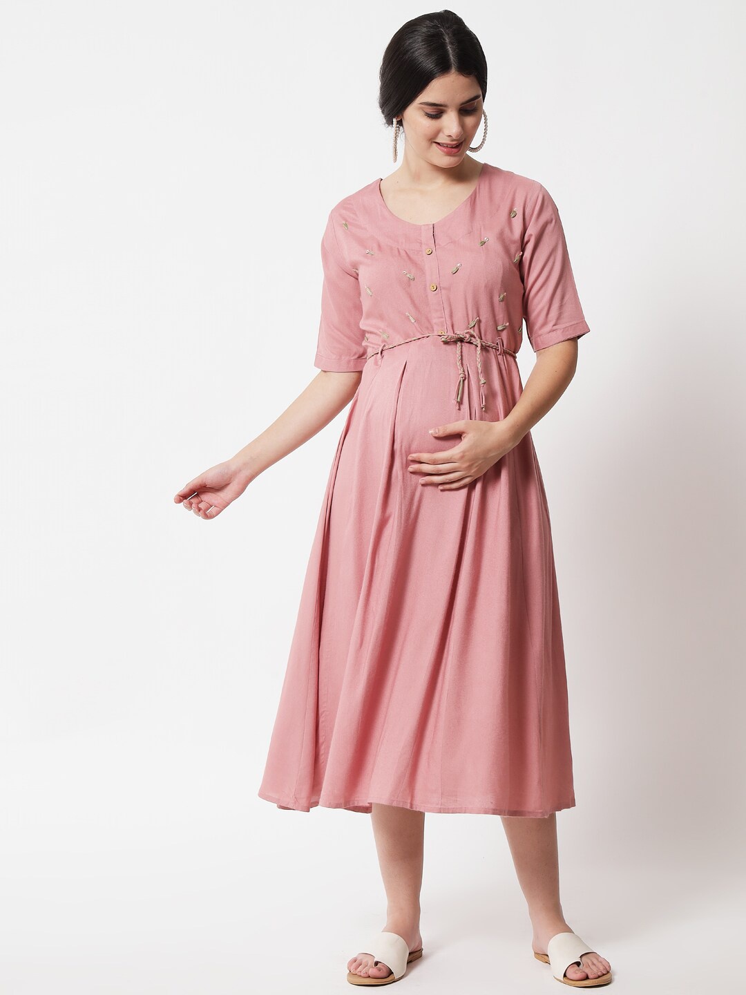 

Aujjessa Maternity Pink Floral Embroidered Midi Dress