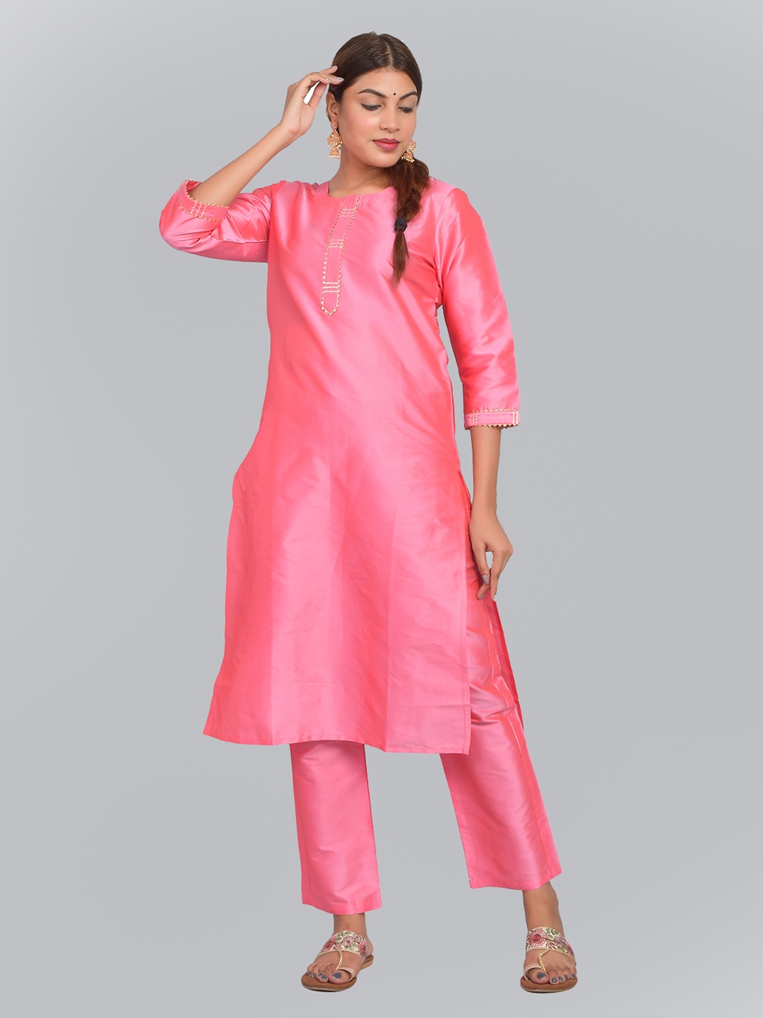 

Riara Women Art Silk Solid Straight Kurta with Trousers, Pink