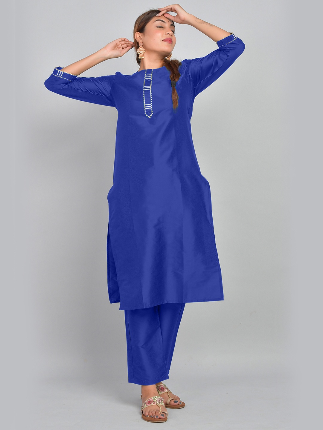 

Riara Women Blue Art Silk Solid Straight Kurta with Trousers