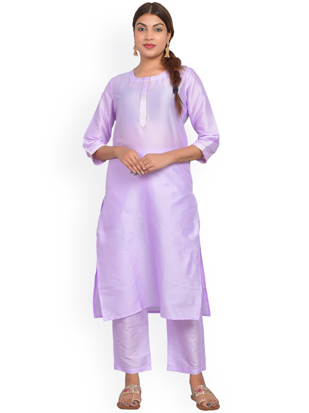 

Riara Women Art Silk Solid Straight Kurta with Trousers, Lavender