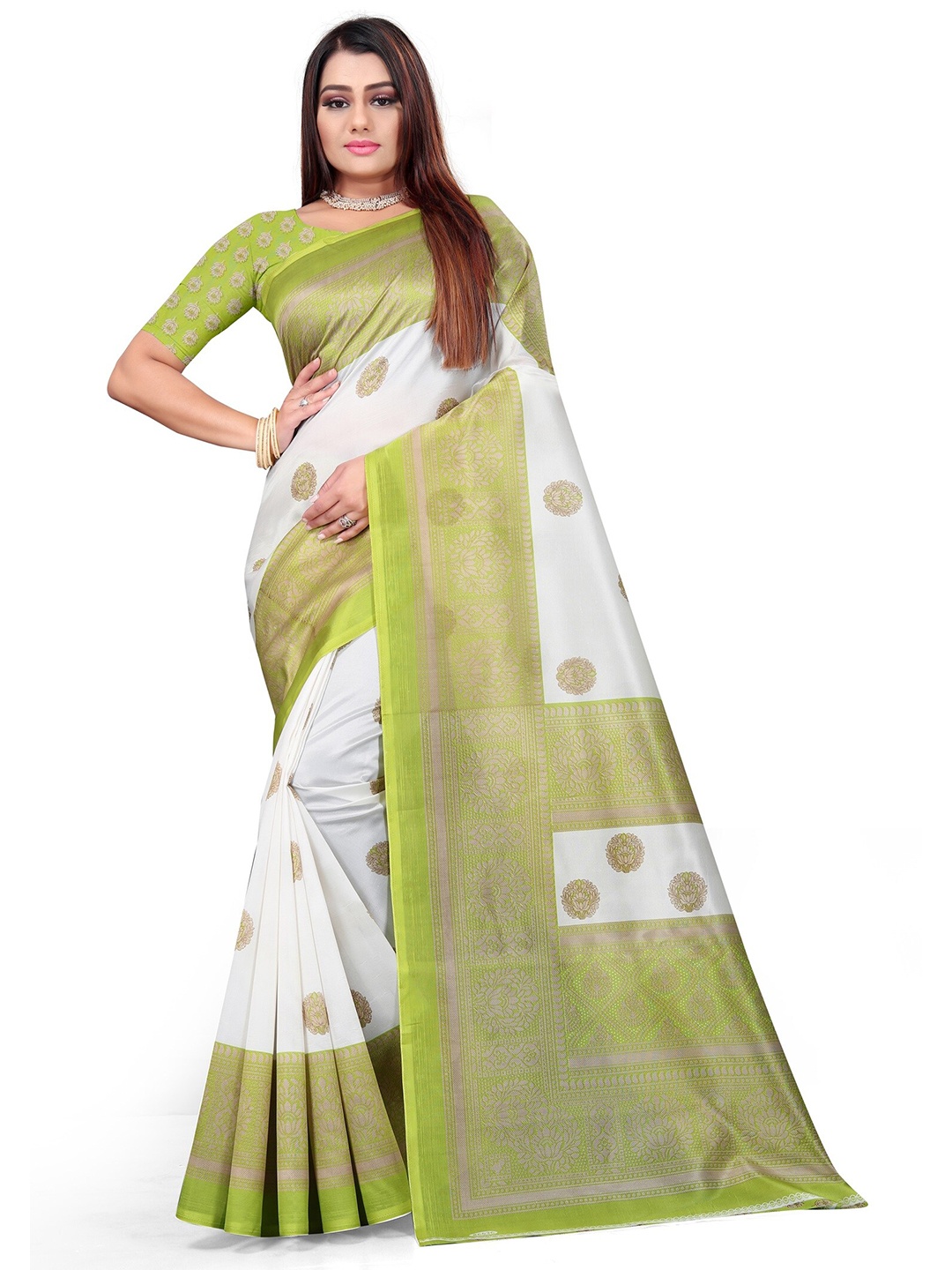 

Grubstaker White & Green Ethnic Motifs Mysore Silk Saree