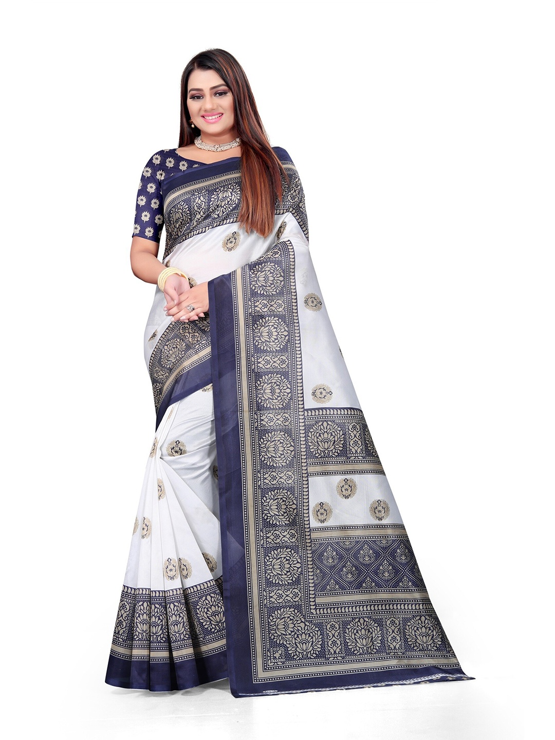 

Grubstaker White & Navy Blue Ethnic Motifs Art Silk Mysore Silk Saree