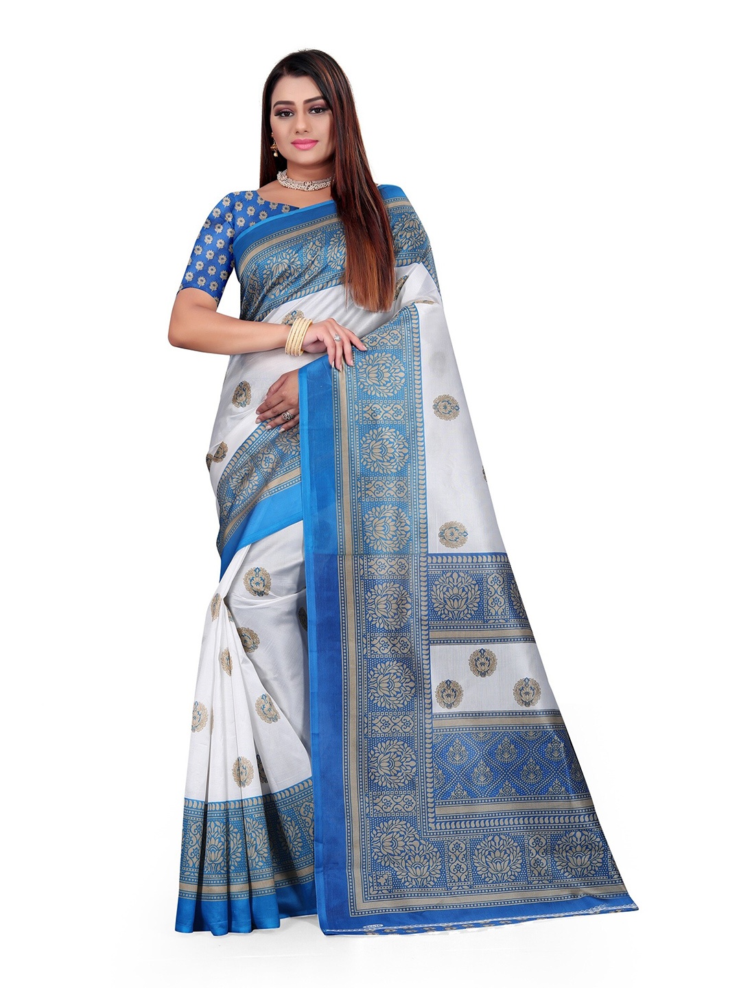 

Grubstaker White & Blue Ethnic Motifs Art Silk Mysore Silk Saree