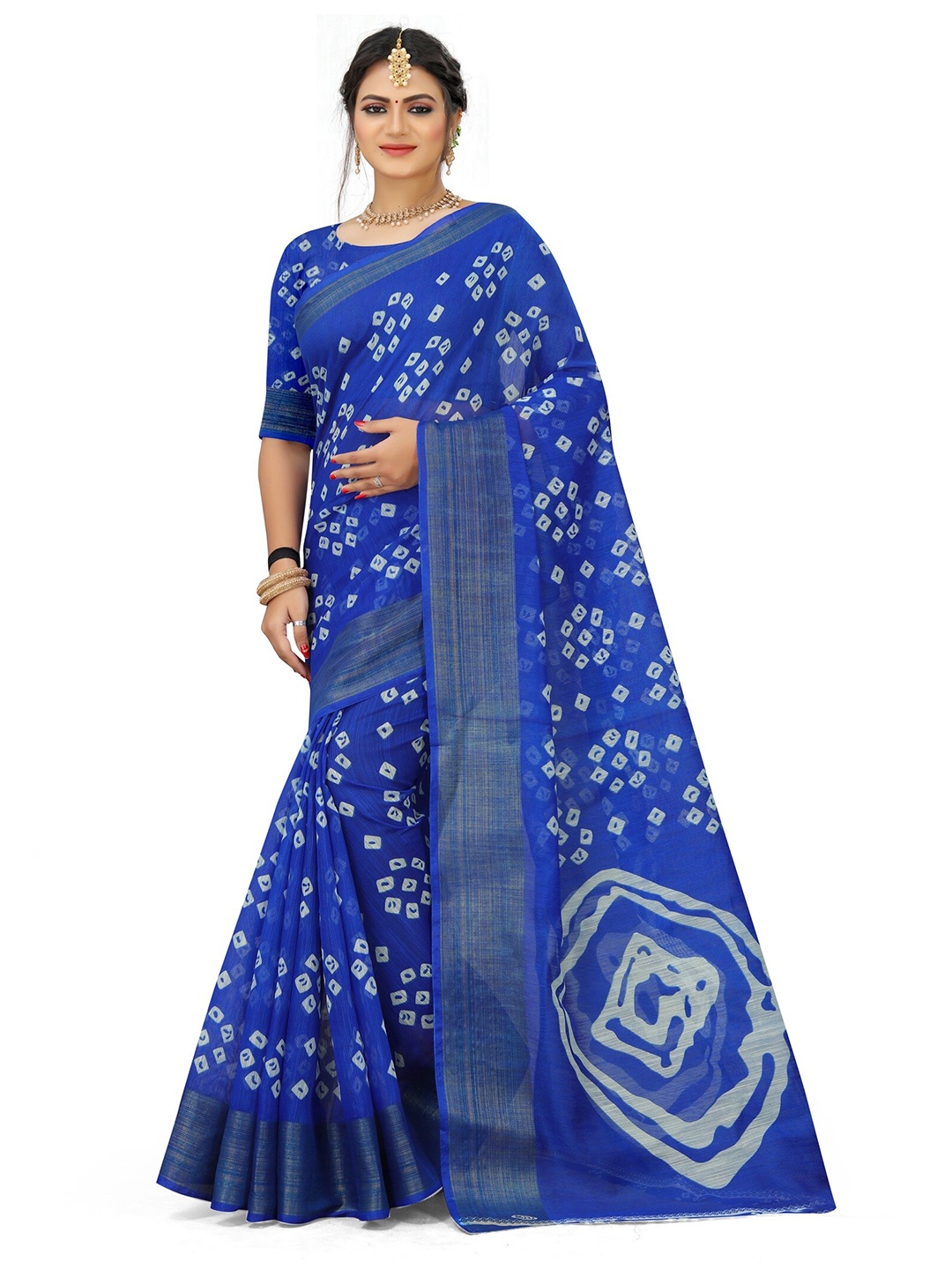 Grubstaker Blue & White Bandhani Zari Art Silk Saree