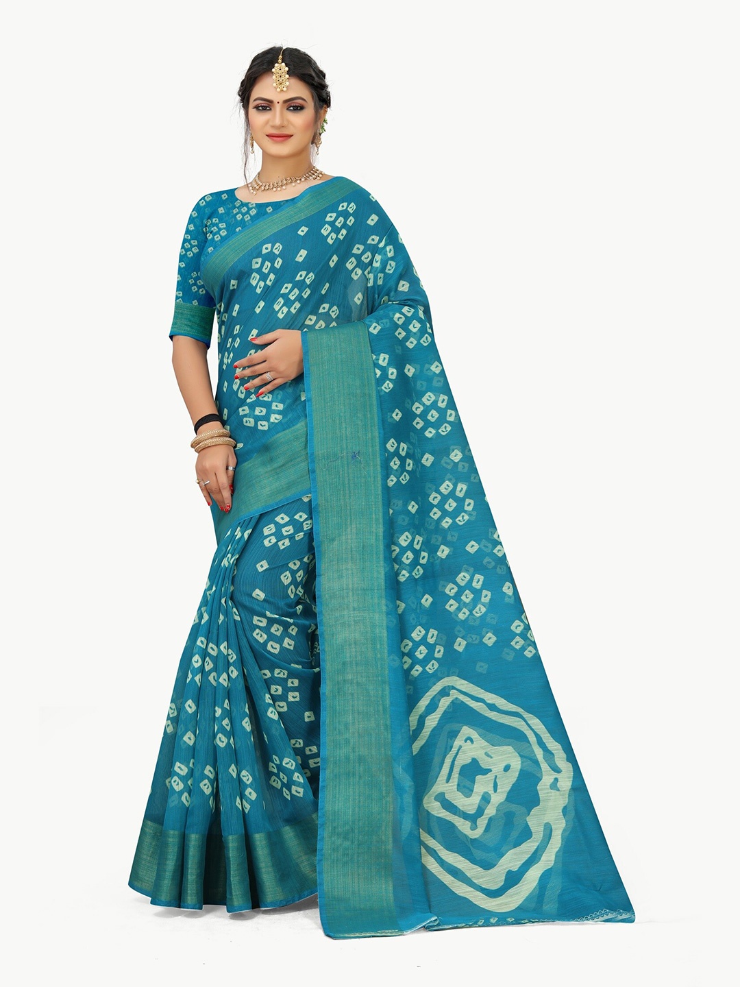 

Grubstaker Turquoise Blue & Gold-Toned Bandhani Zari Art Silk Mysore Silk Saree