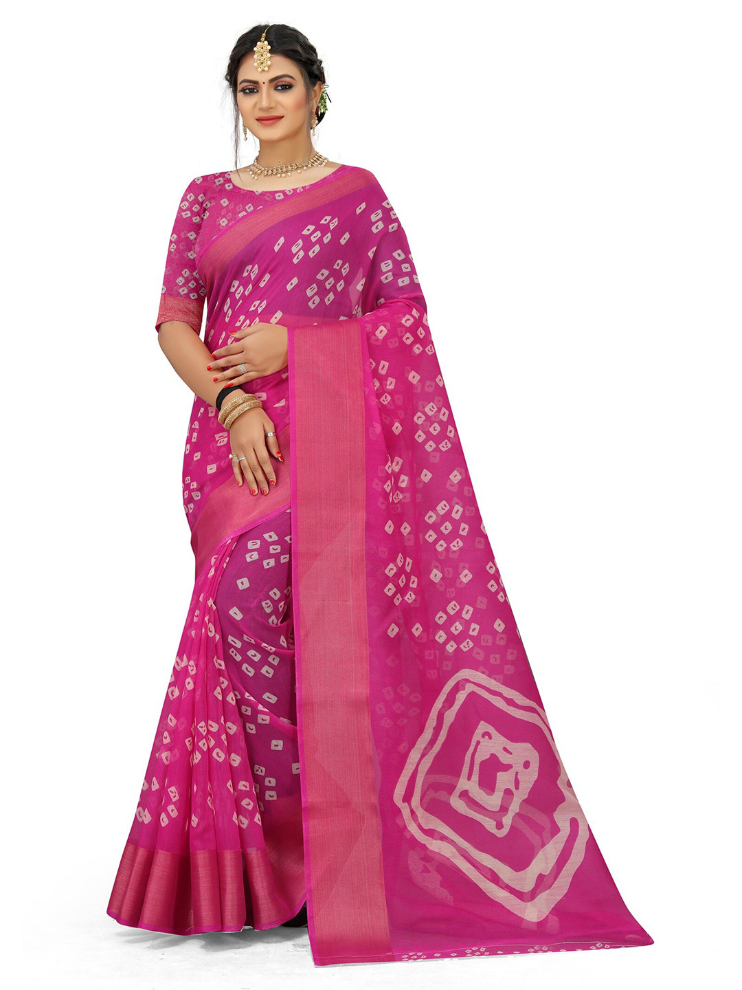 

Grubstaker Pink & White Bandhani Art Silk Half and Half Mysore Silk Saree