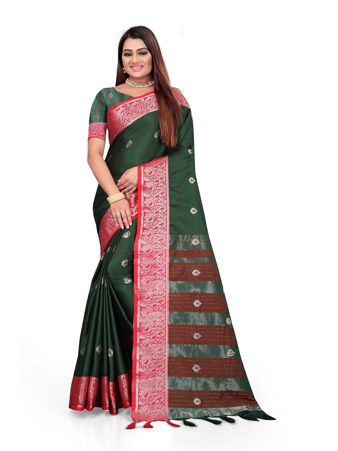 

Grubstaker Green & Pink Woven Design Zari Pure Cotton Kanjeevaram Saree