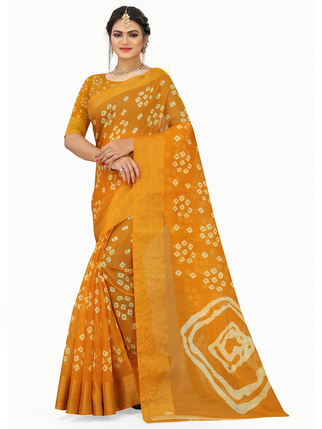 

Grubstaker Yellow & White Bandhani Zari Art Silk Half and Half Mysore Silk Saree
