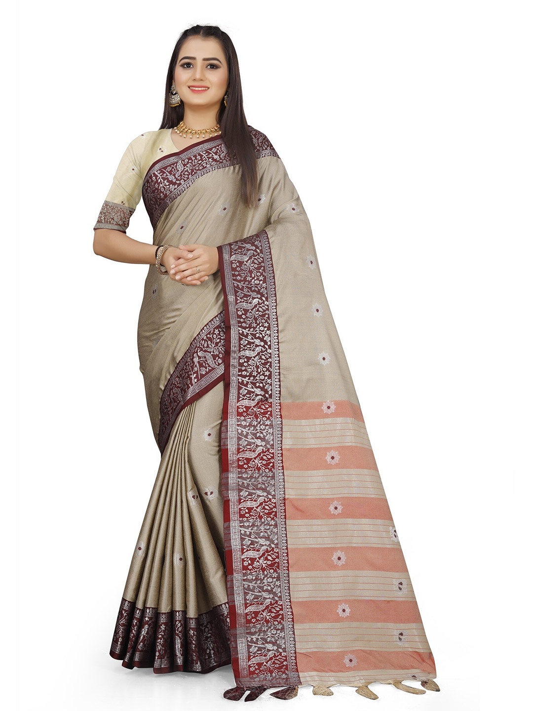 

Grubstaker Cream-Coloured & Purple Woven Design Zari Pure Cotton Kanjeevaram Saree