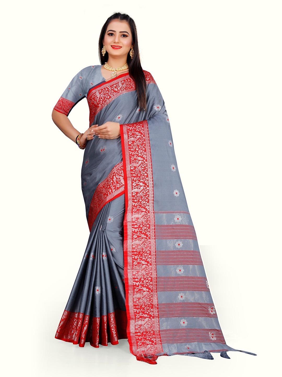 

Grubstaker Grey & Red Ethnic Motifs Zari Pure Cotton Kanjeevaram Saree