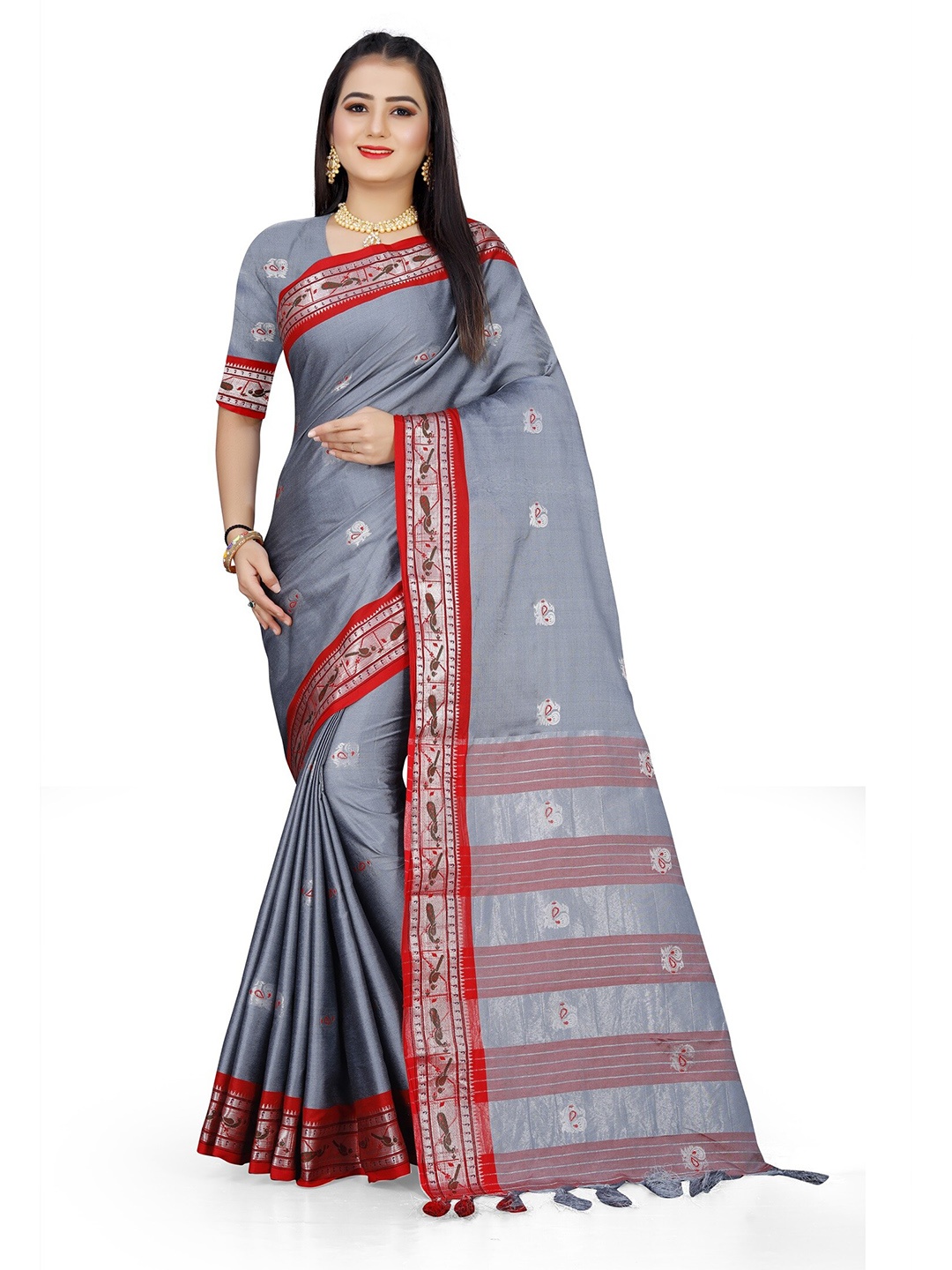 

Grubstaker Grey & Red Woven Design Zari Pure Cotton Kanjeevaram Saree