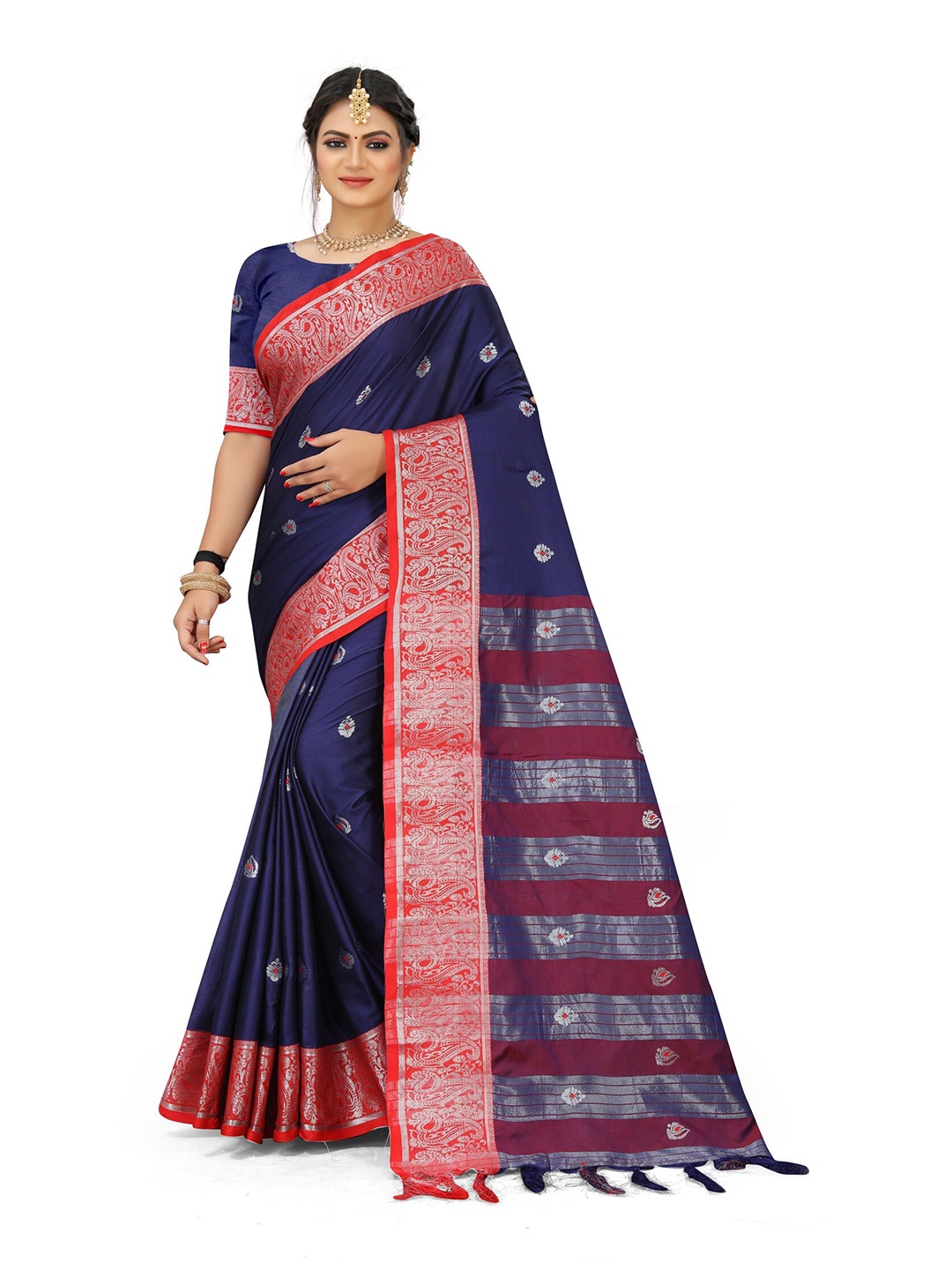 

Grubstaker Blue & Red Woven Design Zari Pure Cotton Kanjeevaram Saree
