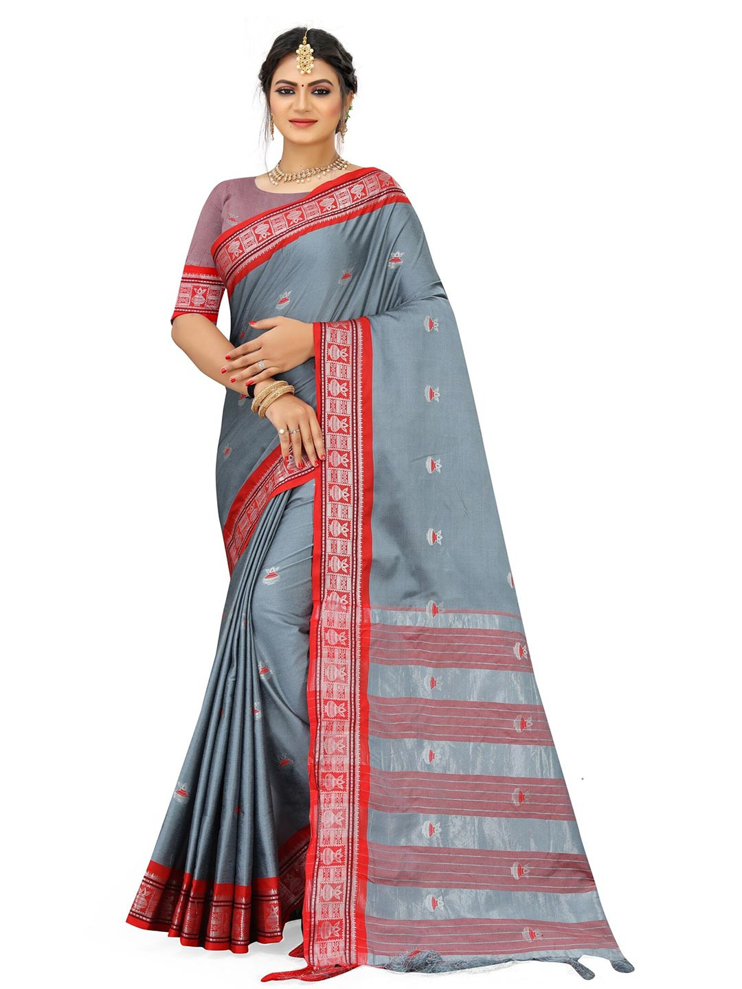 

Grubstaker Silver-Toned & Red Woven Design Zari Pure Cotton Kanjeevaram Saree, Grey