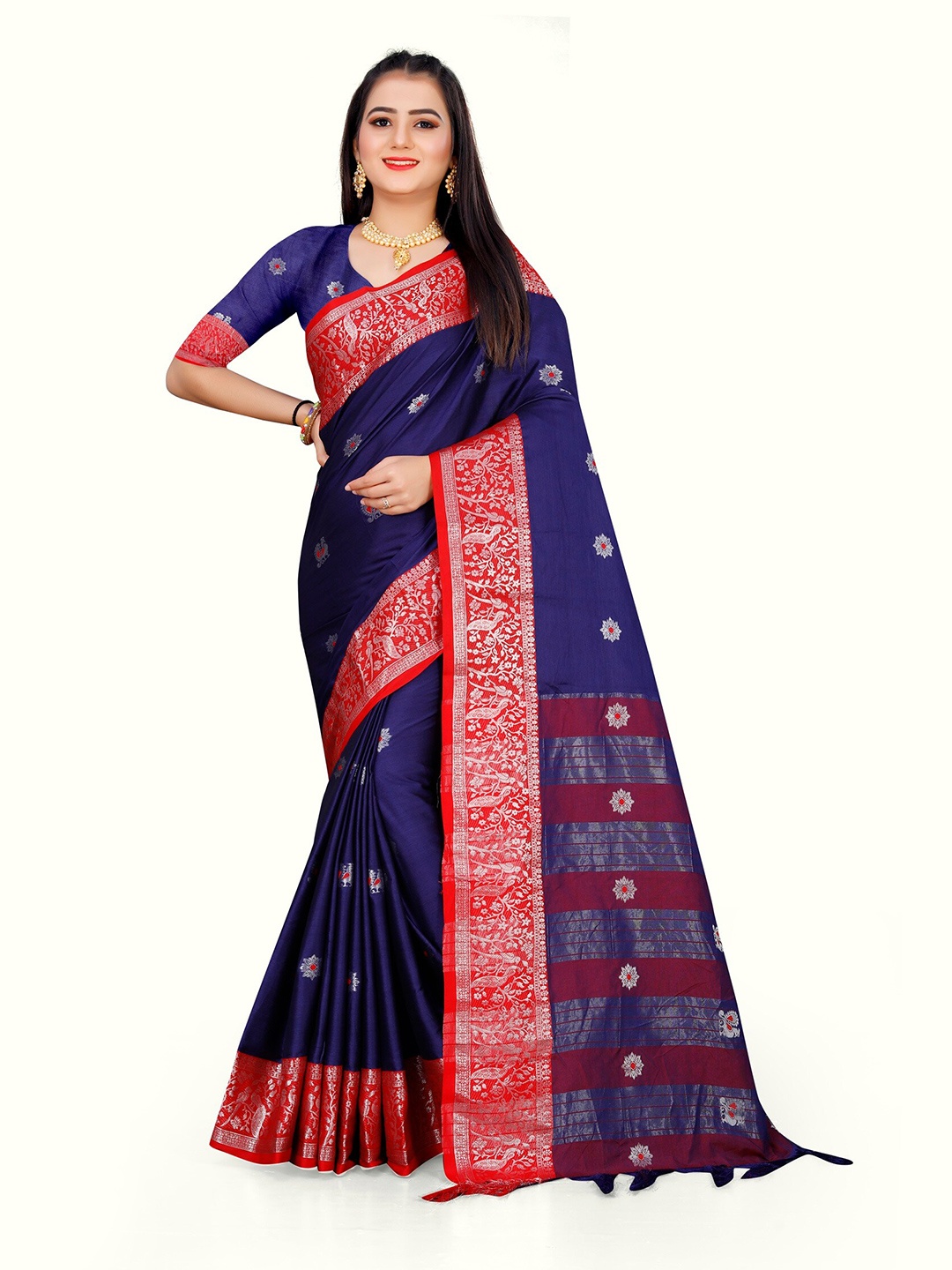 

Grubstaker Blue & Red Woven Design Zari Pure Cotton Kanjeevaram Saree