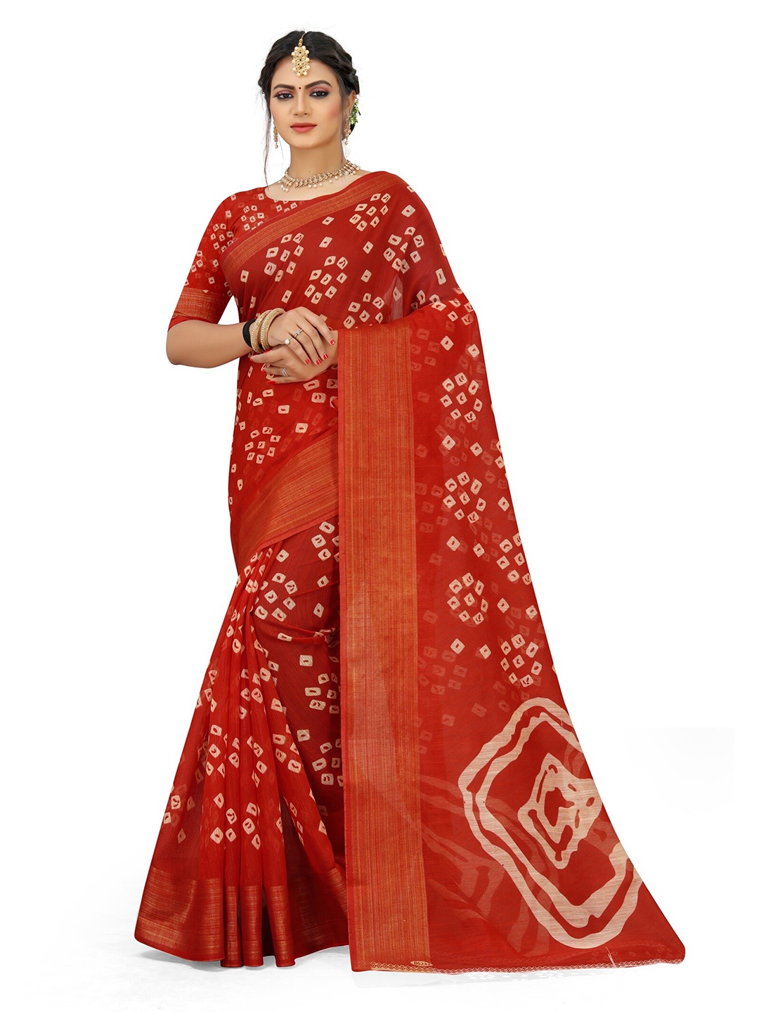 

Grubstaker Red & White Bandhani Zari Art Silk Saree