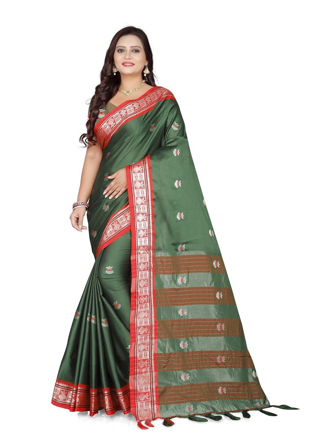 

Grubstaker Green & Red Zari Pure Cotton Kanjeevaram Saree