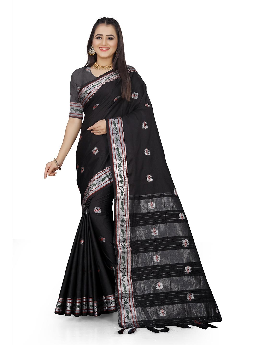 

Grubstaker Women Black & Red Woven Design Zari Pure Cotton Kanjeevaram Saree