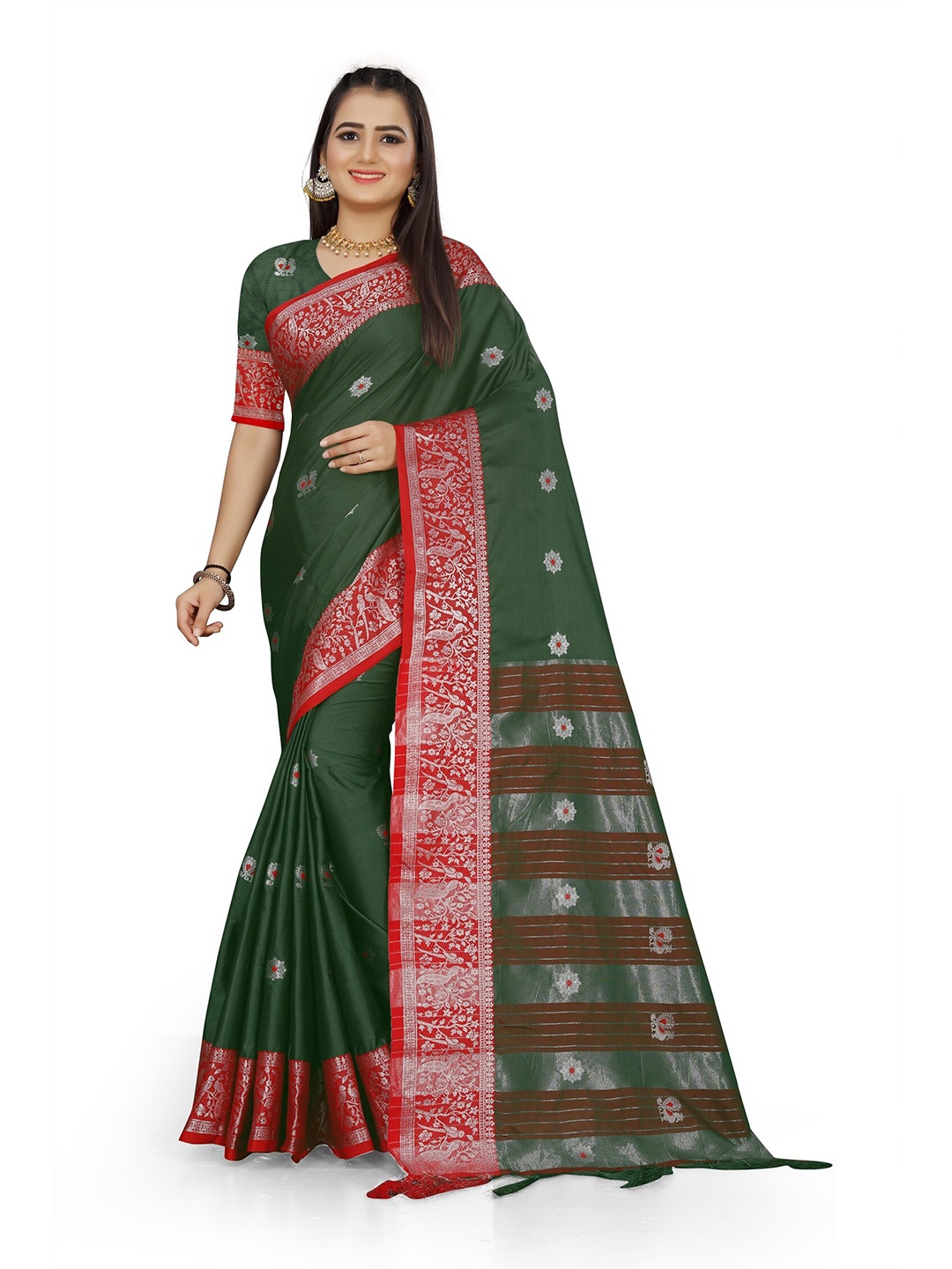 

Grubstaker Green & Red Ethnic Motifs Zari Pure Cotton Kanjeevaram Saree