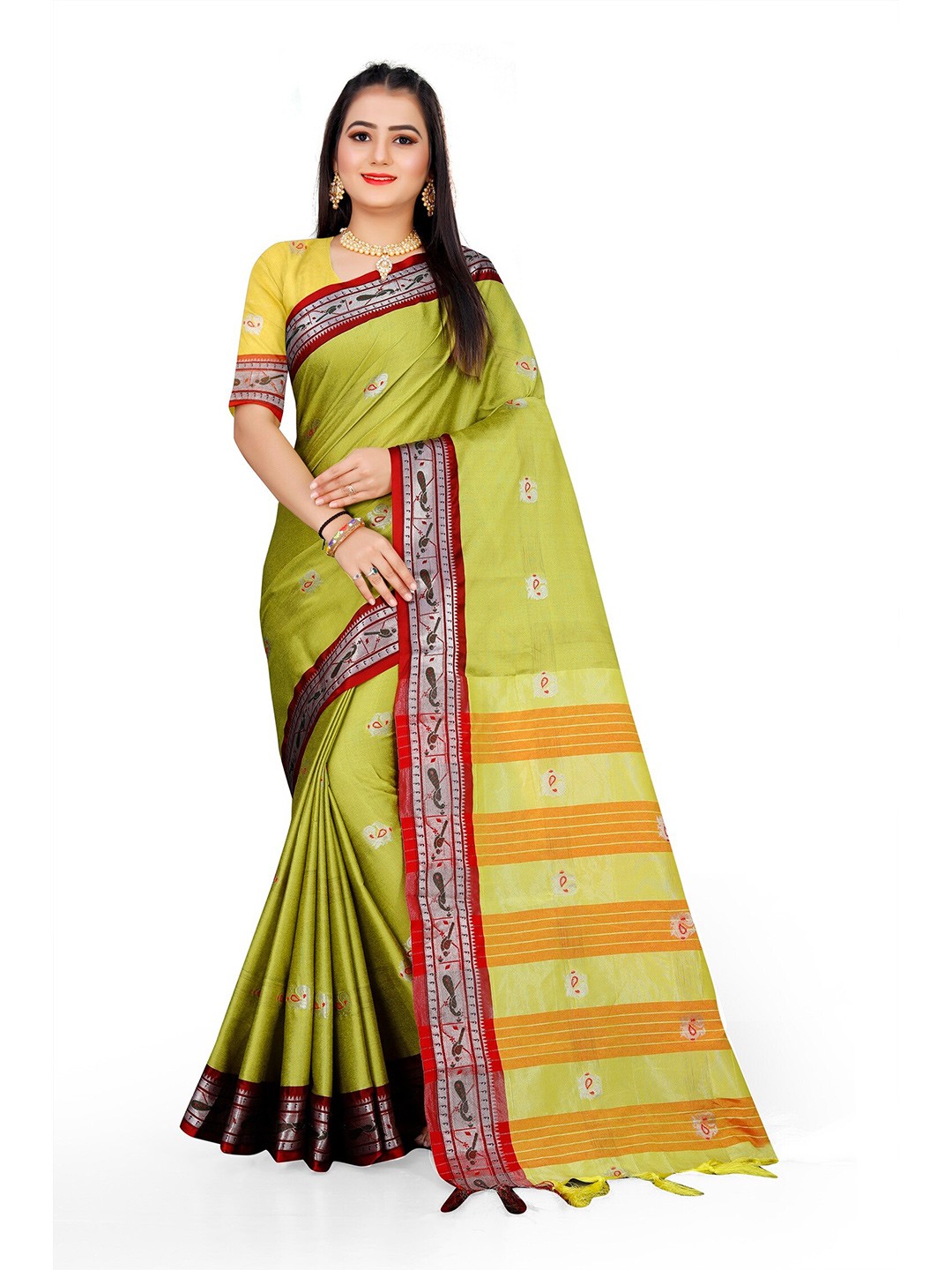 

Grubstaker Fluorescent Green & Red Zari Pure Cotton Kanjeevaram Saree