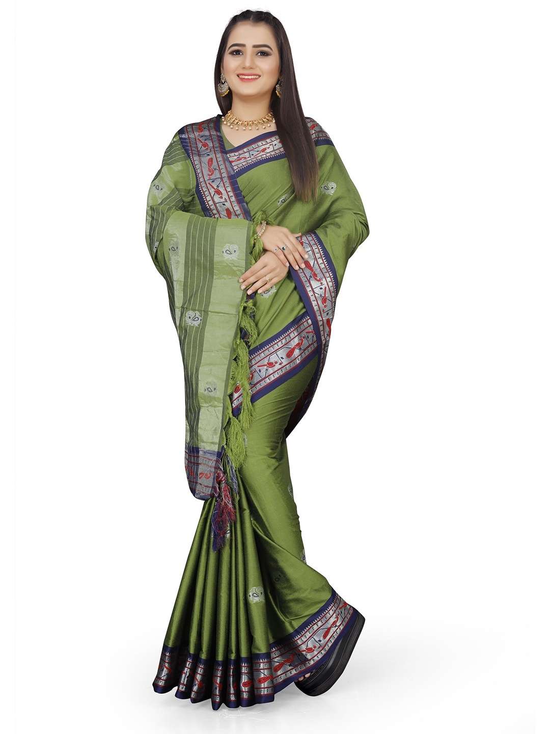 

Grubstaker Green & Blue Woven Design Zari Pure Cotton Saree