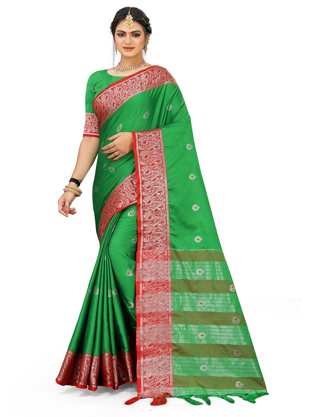 

Grubstaker Women Green & Red Woven Design Zari Pure Cotton Kanjeevaram Saree